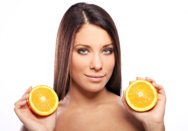 Beautiful woman with orange in hands