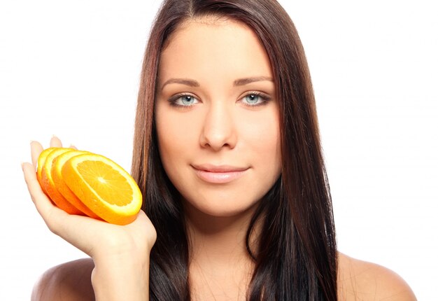 Beautiful woman with orange in hands