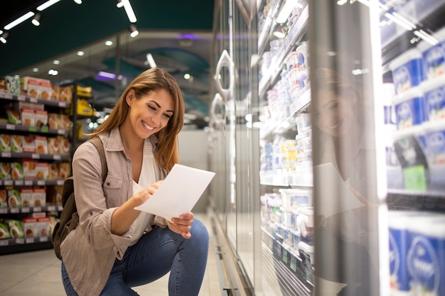 Bella donna con la lista della spesa acquisto di cibo nel supermercato