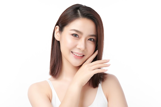 Beautiful young asian woman with clean fresh skin on white background, face care, facial treatment, cosmetology, beauty and spa, asian women portrait.