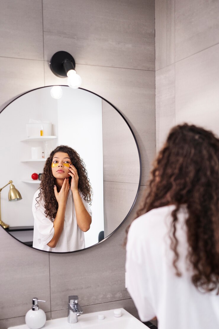 Free Photo beautiful young woman applying eye patch