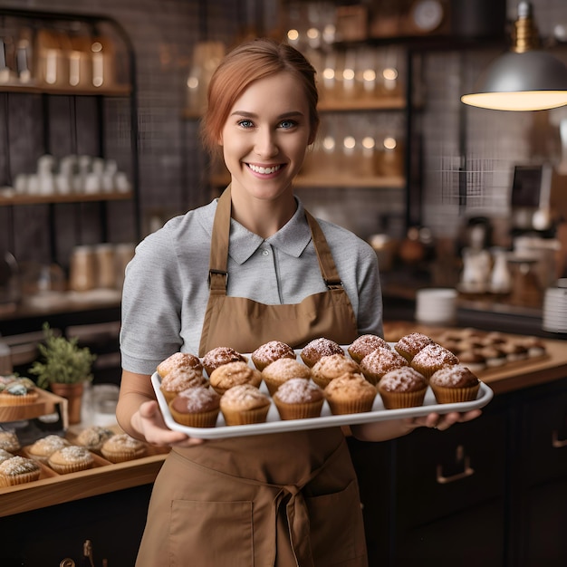 Free photo beautiful young woman in apron holding tray with delicious muffins