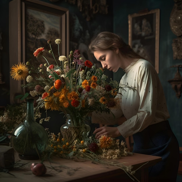 무료 사진 아름다운 젊은 여자 꽃 가게 가 그녀의 작업실 에서 꽃  ⁇ 어리 를 만들고 있다