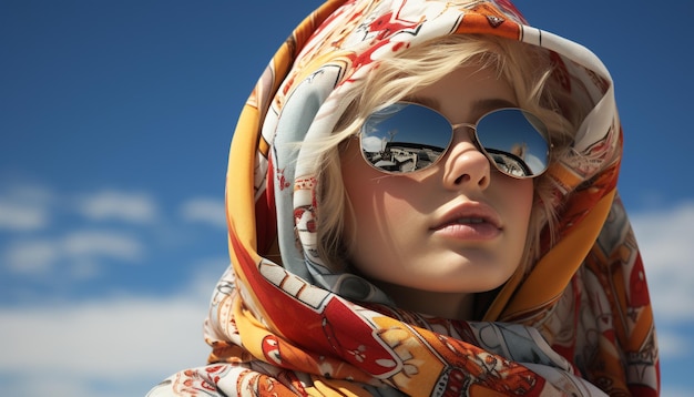 Бесплатное фото Красивая молодая женщина в солнцезащитных очках улыбается, глядя в камеру, созданную искусственным интеллектом