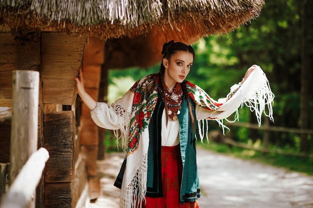 伝統的なウクライナのドレスでポーズ美しい若い女性