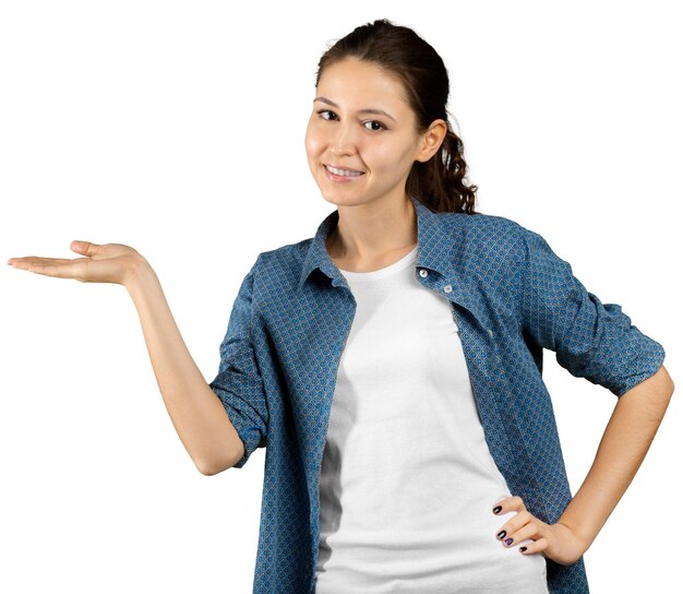 Beautiful young woman showing blank signboard