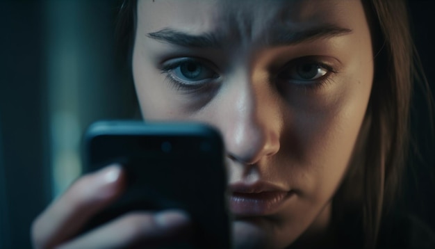 Beautiful young woman using smartphone indoors text messaging generated by AI