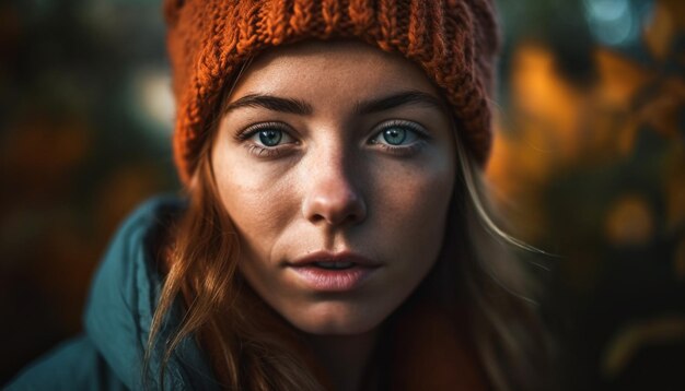 Beautiful young woman in warm knit hat generated by AI