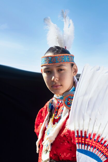 Beautiful young woman wearing native american costume