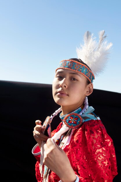 Beautiful young woman wearing native american costume