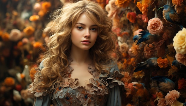 A beautiful young woman with blond hair in autumn nature generated by artificial intelligence