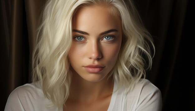 A beautiful young woman with blond hair looking at camera generated by artificial intellingence