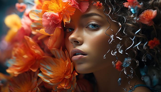 AI によって生成された茶色の髪と花を持つ美しい若い女性