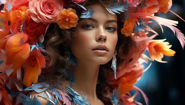 Beautiful young woman with brown hair looking at camera outdoors generated by artificial intelligence