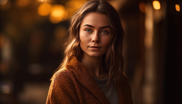 Beautiful young woman with brown hair smiling generated by AI