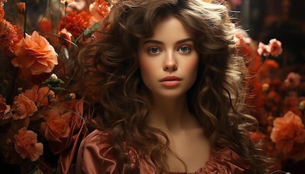 A beautiful young woman with curly hair and a flower generated by AI