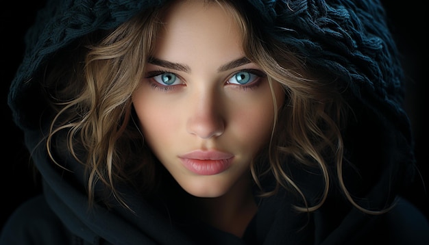 Красивая молодая женщина с длинными каштановыми волосами и голубыми глазами, созданная искусственным интеллектом