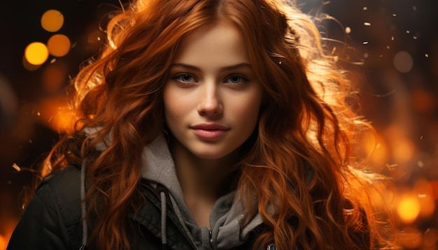 Free photo a beautiful young woman with long brown hair looking at camera generated by artificial intelligence