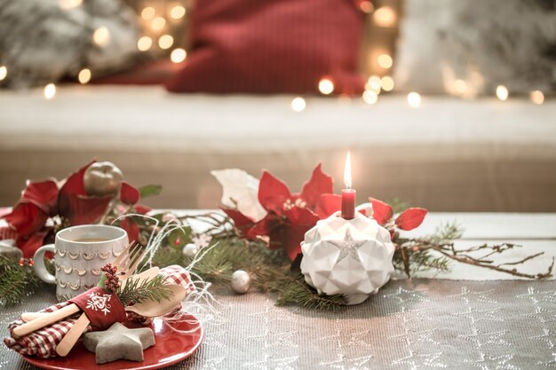 Beautifully decorated Christmas table in the living room.