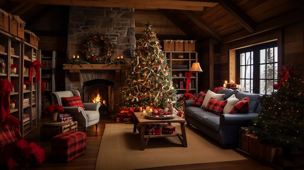 無料写真 木造キャビンの美しく装飾されたクリスマス ツリー