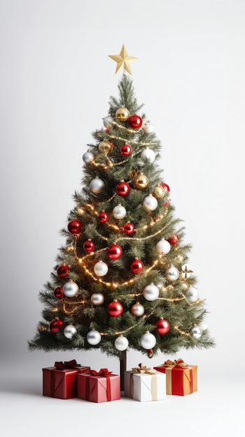 Free photo beautifully decorated christmas tree with gift boxes