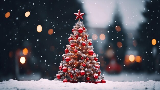 beautifully decorated christmas tree with snow