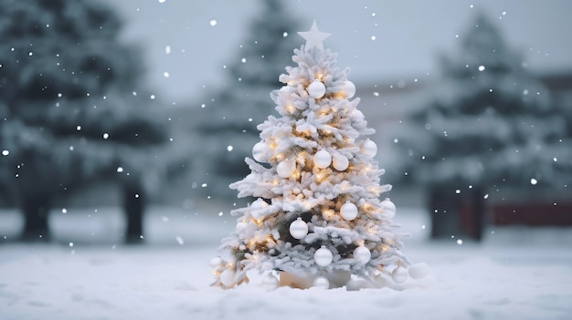 雪で美しく飾られたクリスマスツリー