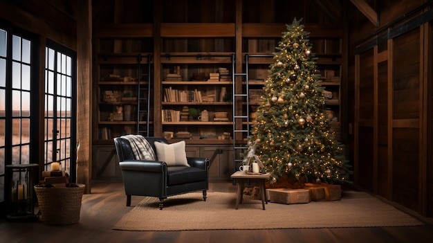 나무 오두막에 아름답게 장식된 크리스마스 트리