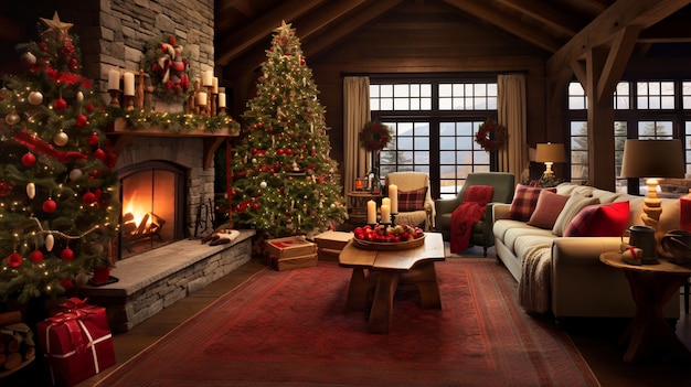 Free photo beautifully decorated christmas tree in wooden cabin