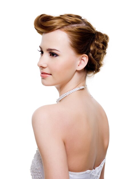 Beauty bride with style wedding hairstyle - on white