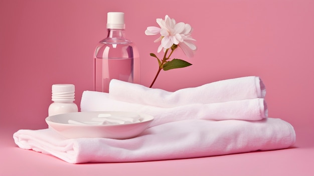 ピンク色の美容品とケアコスメティック製品