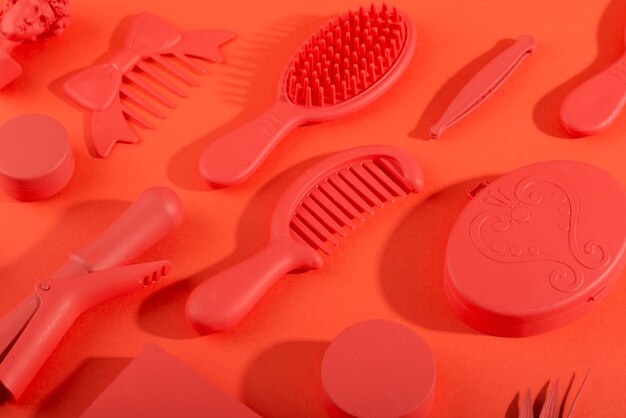 Beauty items on coral background