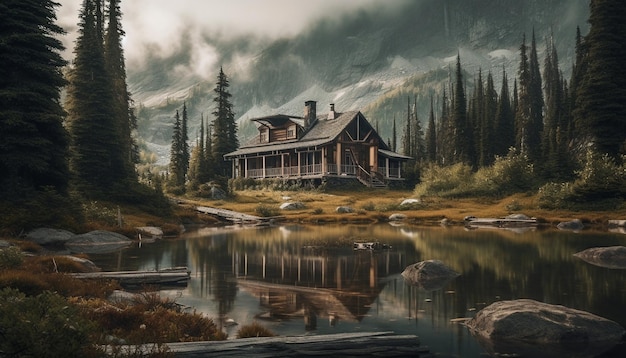 Free photo beauty landscape with house and lake scene generated by ai