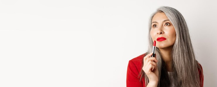 無料Photo 美しさと化粧のコンセプト 官能的な成熟したアジアの女性灰色の髪がよそ見と赤い l を示す