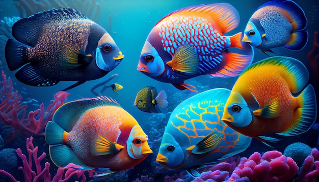 생성 AI를 헤엄치는 미녀와 다양한 색상의 물고기