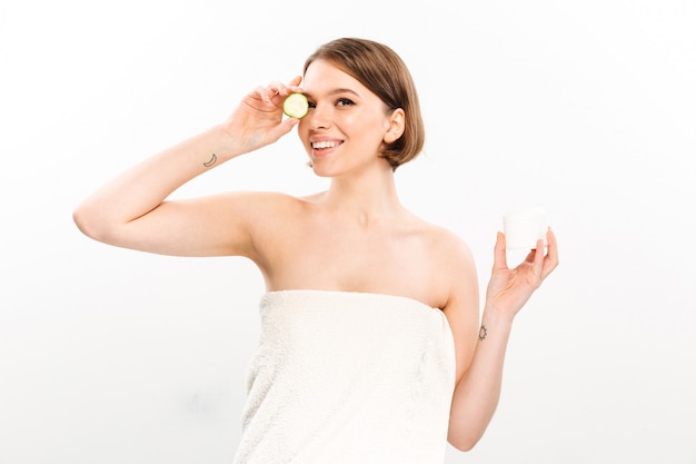 Beauty portrait of a cheerful woman with short brunette hair