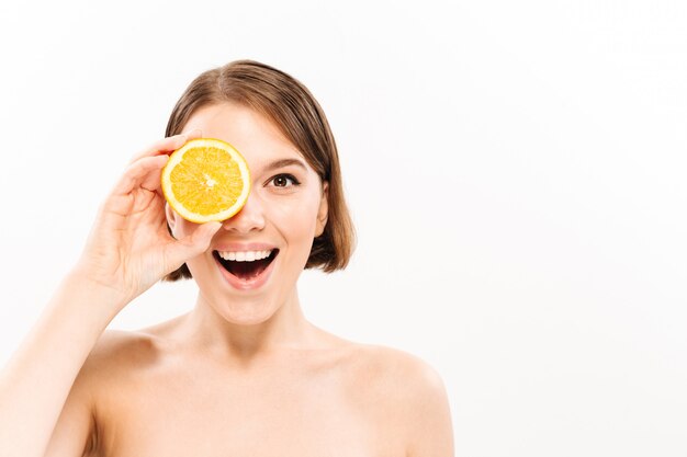 Beauty portrait of a happy half naked woman