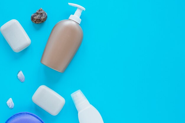 Beauty product composition with soap bottle and copyspace on right