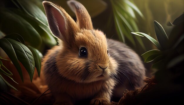 Beauty rabbit with plants realistic scene generative ai