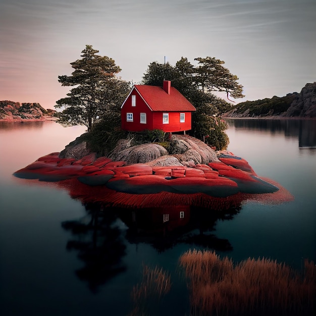 Beauty red house in the lake nature scene generative AI