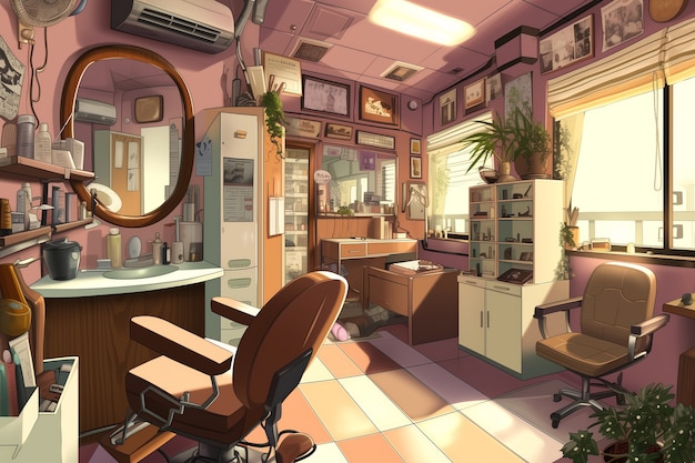 Beauty salon with cosmetology equipment in anime style