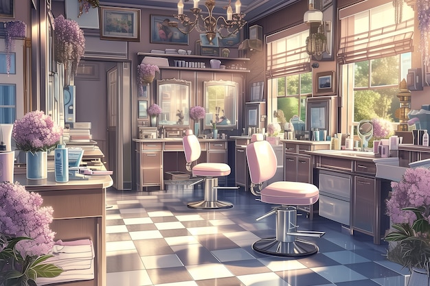 Beauty salon with cosmetology equipment in anime style