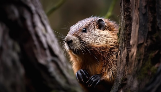 A beaver looks out of a tree.