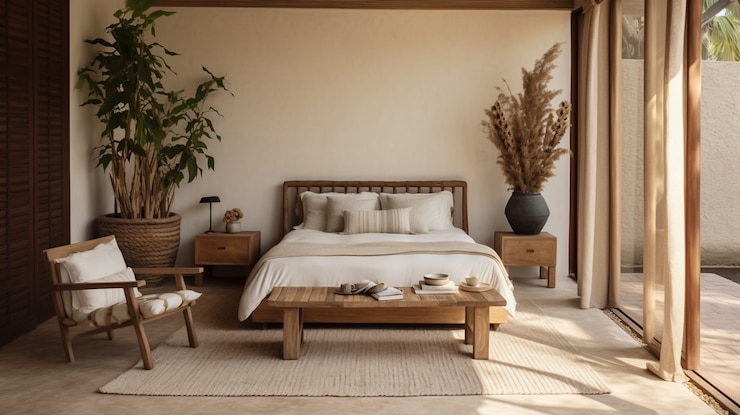 Free Photo bed in a bedroom decorated with brazilian folklore design