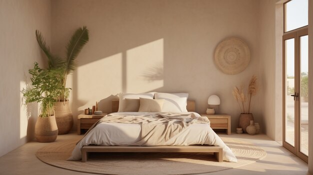 ブラジルの民俗的なデザインで装飾された寝室のベッド