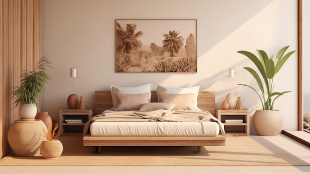ブラジルの民俗的なデザインで装飾された寝室のベッド