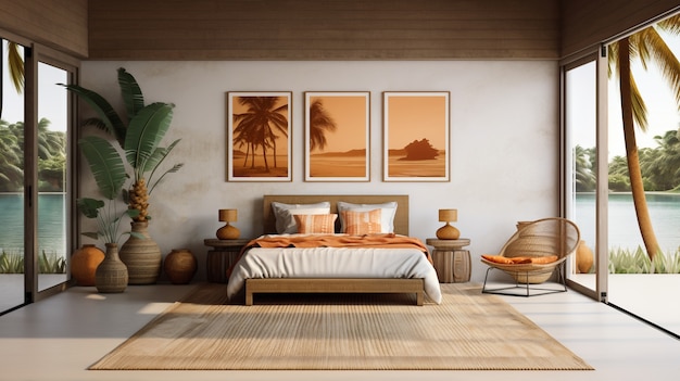 無料写真 ブラジルの民俗的なデザインで装飾された寝室のベッド