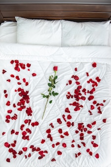 The bed with a rose petals. view from above