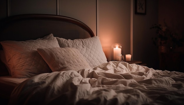 A bed with a white pillow and a candle on the side