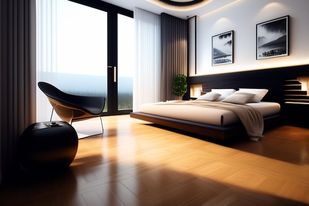 A bedroom with a bed and a chair in front of a sliding glass door.